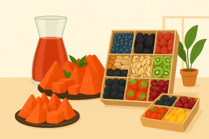 Plateaux de fruits frais et fruits secs avec pastèque tranchée et carafe de jus – sélection estivale pour le bureau