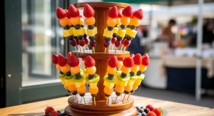 Présentoir à étages avec brochettes de fruits frais en pièce montée