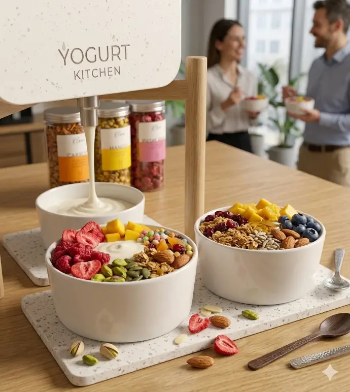 Yaourt bio personnalisé avec fruits, granola et toppings Yogurt Kitchen en entreprise