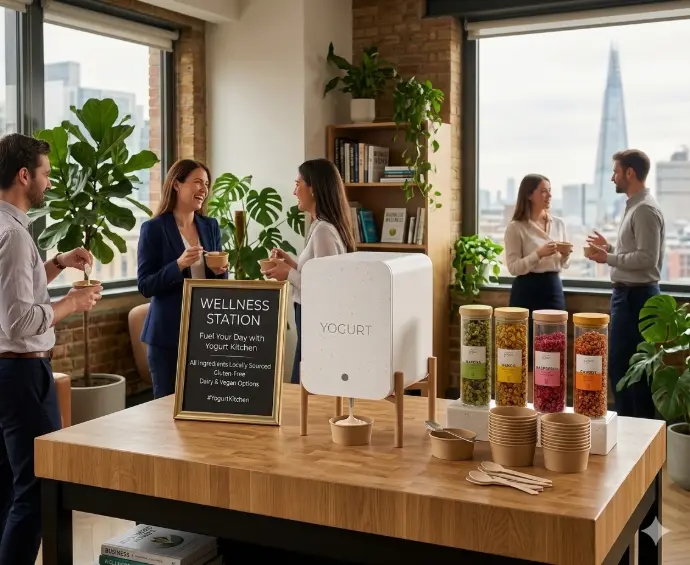 Collaborateurs réunis autour de la station Yogurt Kitchen dans un espace de pause d'entreprise