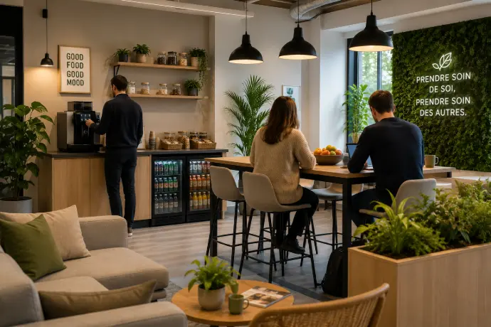 Collaborateurs profitant d'une pause conviviale dans un espace The Corner aménagé au bureau