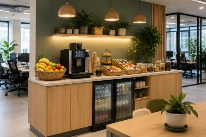 Comptoir en bois clair avec corbeille de fruits et distributeurs de boissons dans un open space