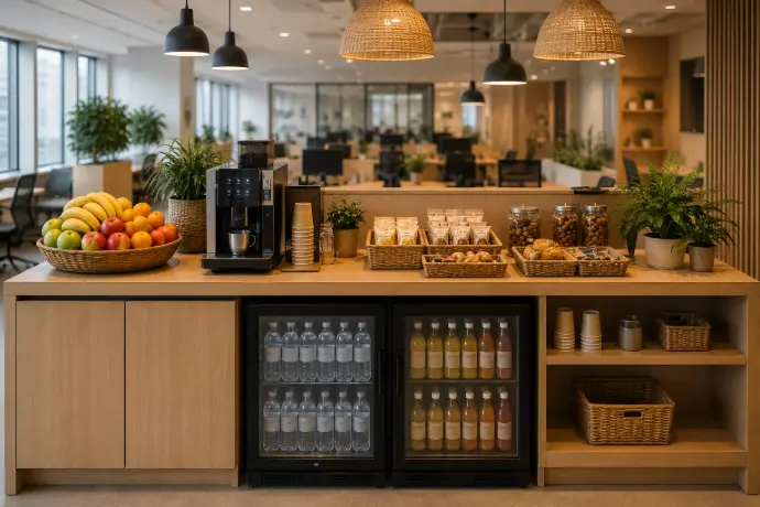 Espace de travail avec mobilier lounge et coin pause aménagé au bureau