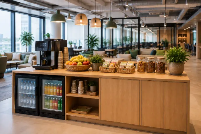 Comptoir avec fruits, boissons et rangements en bois clair pour un espace pause d'entreprise