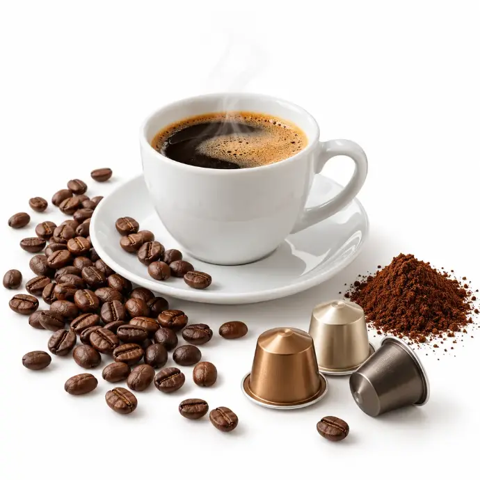 Tasse de café entourée de grains, de café moulu et de capsules pour le petit-déjeuner en entreprise