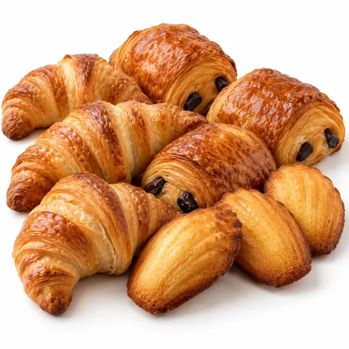 Assortiment de croissants et pains au chocolat pour le petit-déjeuner en entreprise