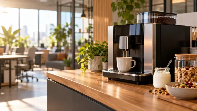 Machine à café en grain installée dans un espace pause d’entreprise