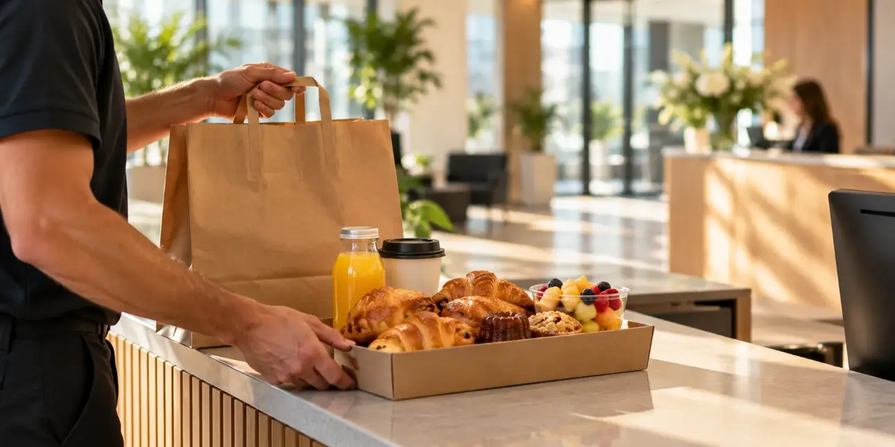 Livraison d’un plateau de petit-déjeuner dans un bureau