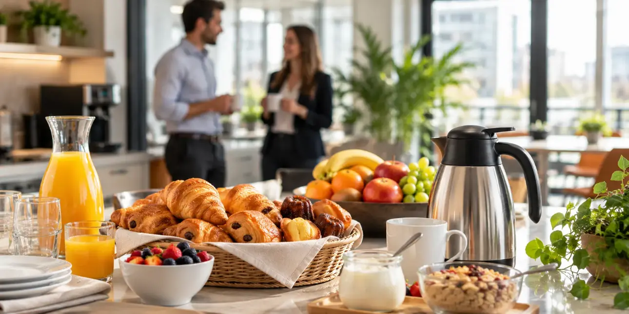Collaborateurs échangeant autour d’un petit-déjeuner de bureau