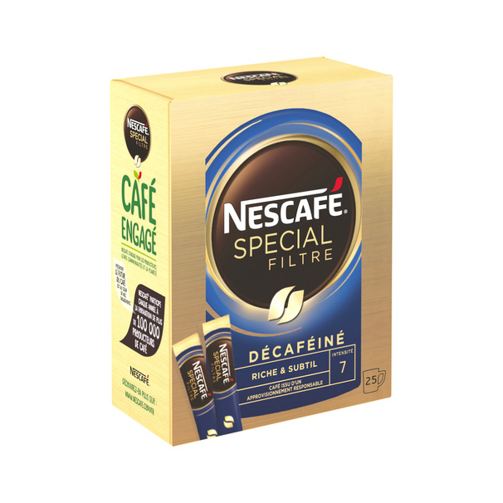 Sticks de café décaféiné instantané spécial filtre Nescafé 25 pièces de 2gr