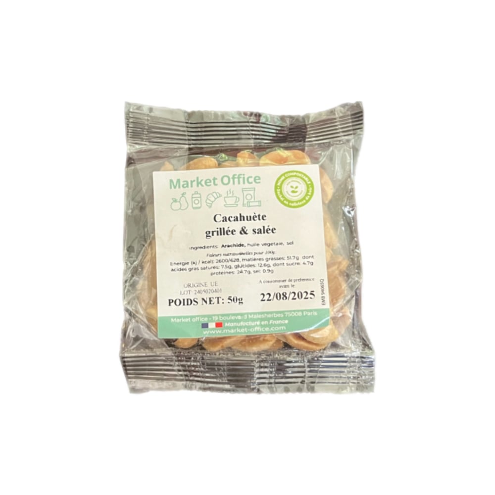 Cacahuètes grillées et salées en sachet compostable 50gr