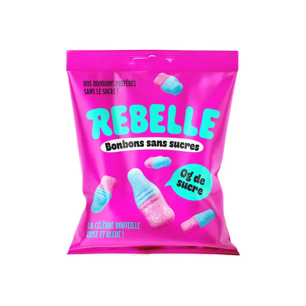 Bonbons bouteilles roses et bleues sans sucre Rebelle 50gr