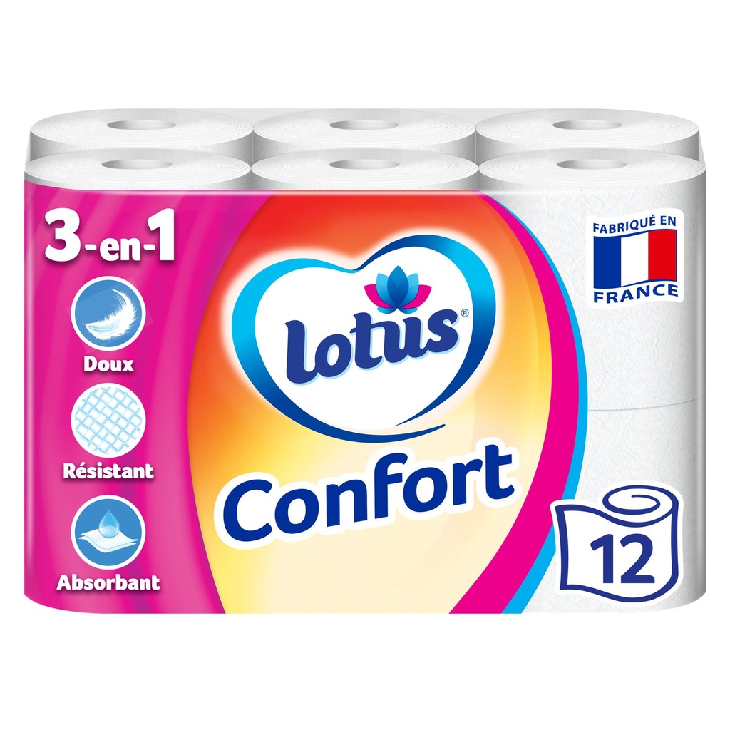 Papier toilette doux et résistant Confort aqua tube Lotus x 12 rouelaux