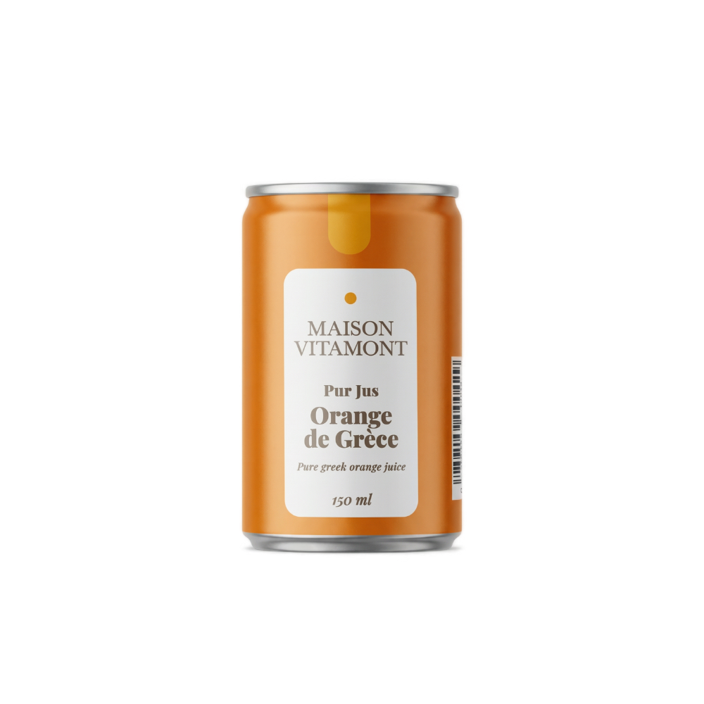 Pur jus d'orange de Grèce bio Maison Vitamont en canette de 15cl x 24 