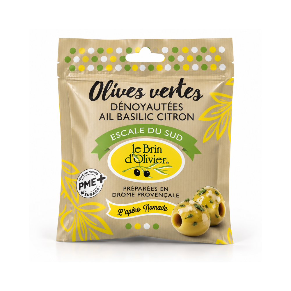 Olives vertes dénoyautées ail basilic citron le Brin d'Olivier 55gr