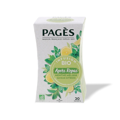 [3161] Infusion après repas citron menthe melisse bio Pagès 20 sachets