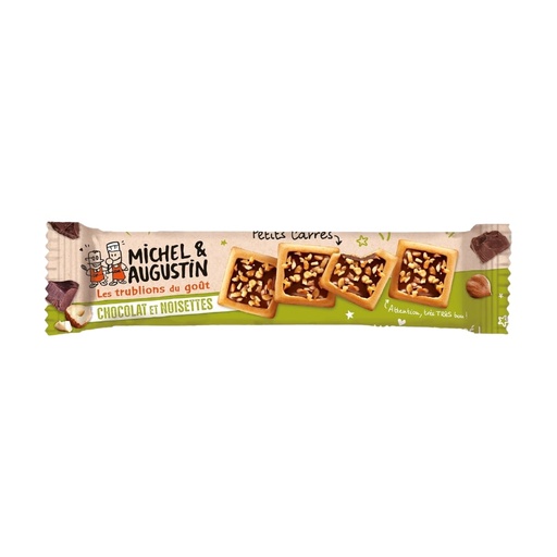 [5473] Petits carrés à la queue leu leu chocolat au lait et éclats de noisettes Michel et Augustin 18 pièces de 33,6gr