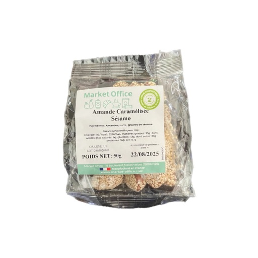 [5777] Amandes caramelisées au sésame en sachet compostable 50gr