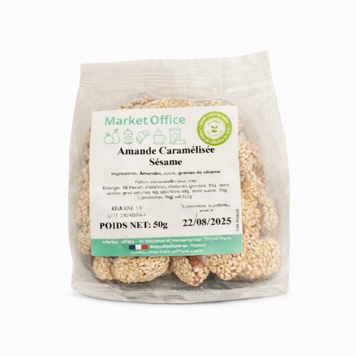 [5777] Amandes caramelisées au sésame en sachet compostable 50gr