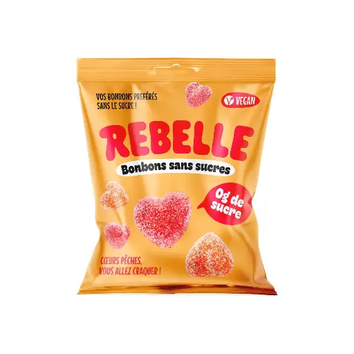 [6288] Bonbons coeurs pêche sans sucre vegan Rebelle 50gr  