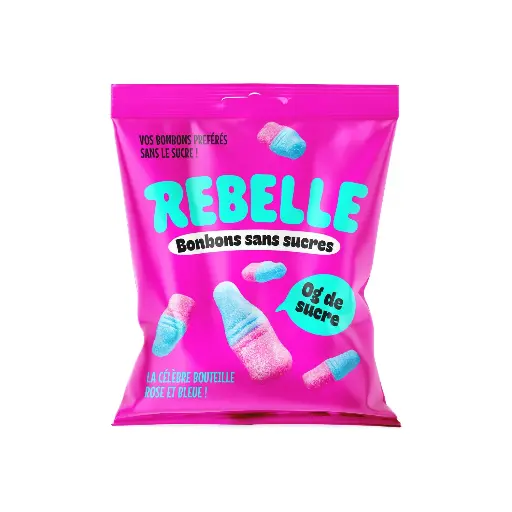 [6286] Bonbons bouteilles roses et bleues sans sucre Rebelle 50gr