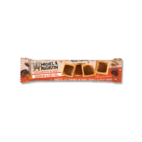 [6362] Petits carrés à la queue leu leu  chocolat au lait et cœur caramel 37,6gr x 18 pièces