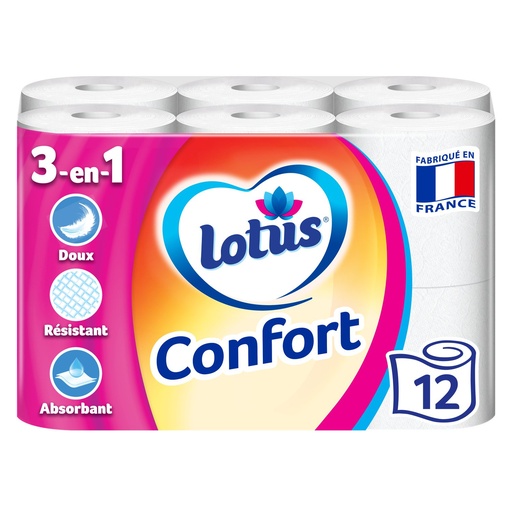 [6375] Papier toilette doux et résistant Confort aqua tube Lotus x 12 rouelaux