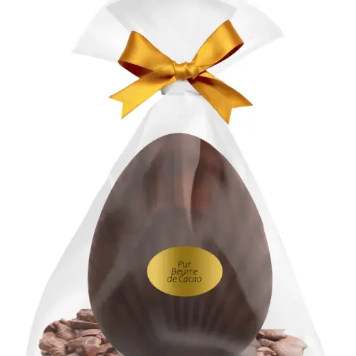 [9069] Oeuf de Pâques coquille en chocolat noir garni Roland Diot 12 cm